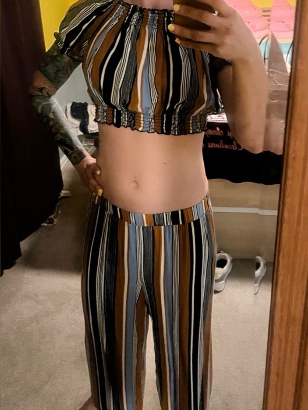 Striped Two-Piece Crop Top & Wide-Leg Pant Set - Blue, Mustard, Black